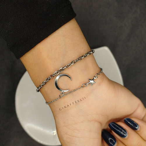 دستبند دخترانه ۲ لاین مدل ماه و ستاره | استیل رنگ ثابت