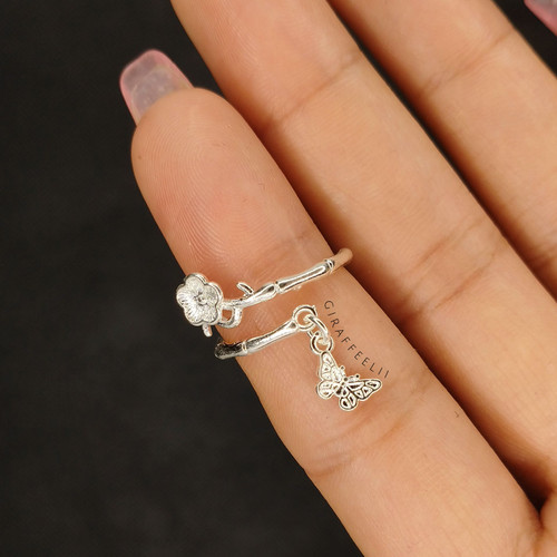 انگشتر ظریف دخترانه مدل شاخه و پروانه